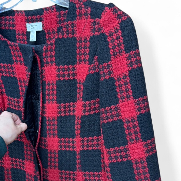 ANN TAYLOR LOFT Red Black Plaid Tweed Coat Jacket Wool Blend Size 6 - Picture 5 of 8